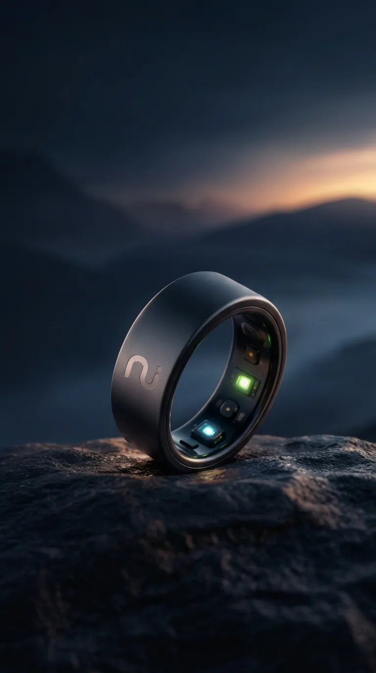Anillo inteligente Nibel junto a un teléfono con la aplicación de bienestar